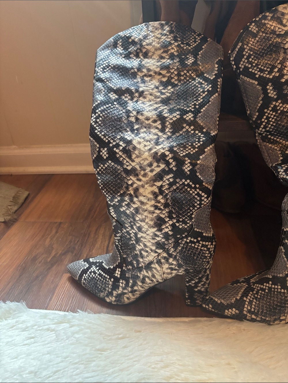 Marc Fisher Black & Cream Snake-Print Knee-High Boots
